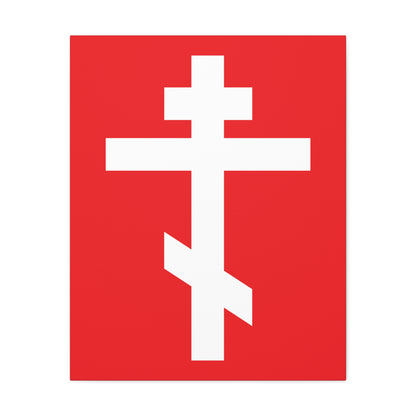 The "White Orthodox Cross Red Background" canvas art features a white Russian Orthodox cross symbolizing salvation, set boldly on red, with Galatians 6:14: "May I never boast, except in the cross of our Lord Jesus Christ.