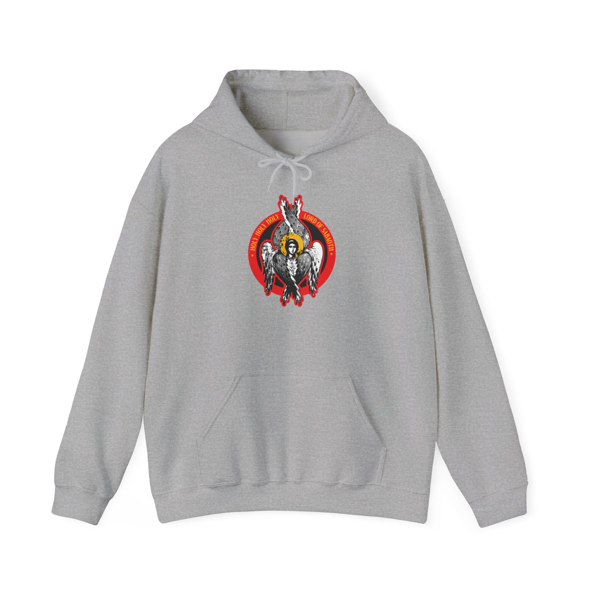 Sport Grey hoodie featuring a vibrant seraphim angel icon graphic with wings and a red circular background on the front, inspired by the powerful imagery of Isaiah 6 and titled “Holy Holy Holy, Lord of Sabaoth | Lord of Hosts | Unseen Realm | Orthodox Seraphim Angel IconoGraphic.”.