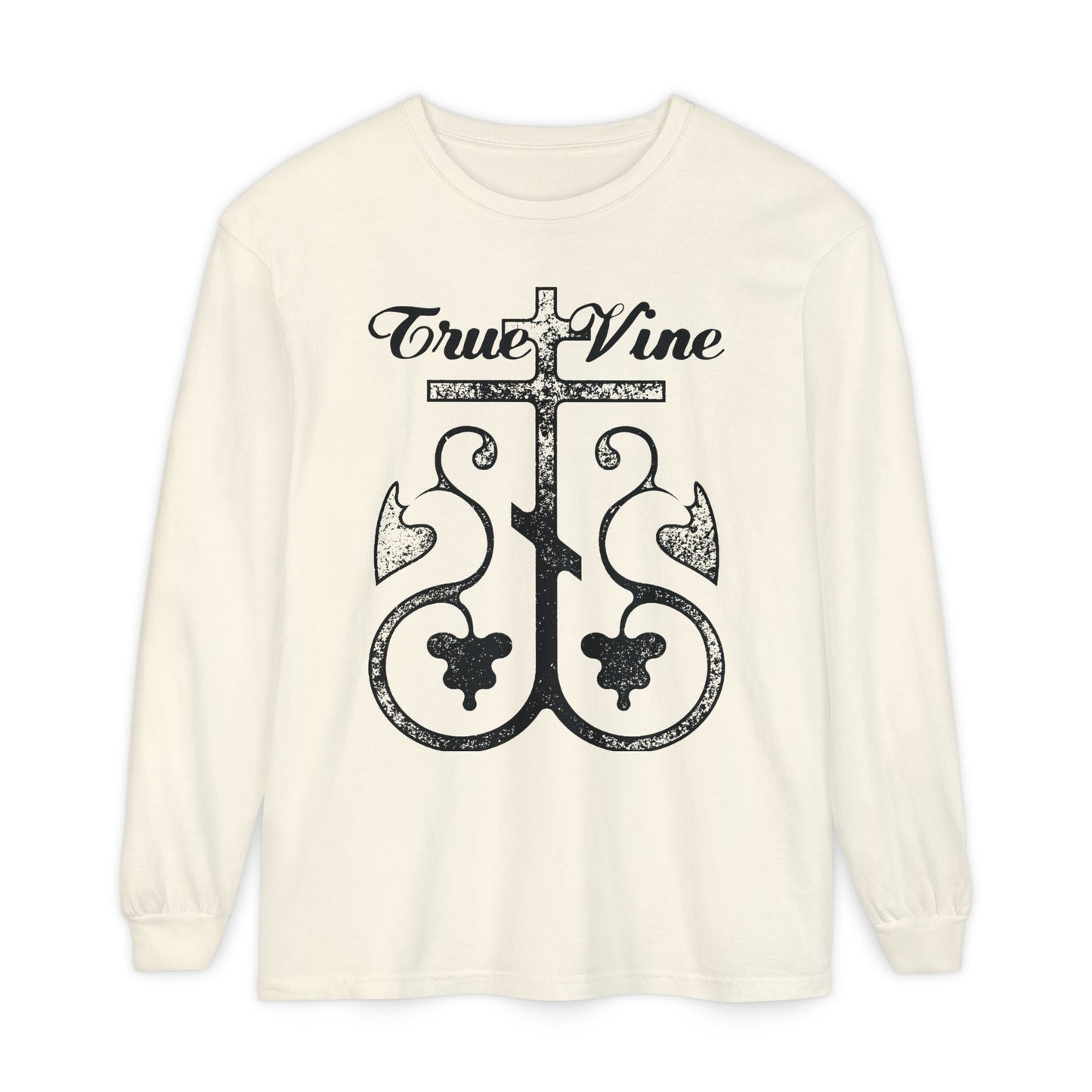 I Am the True Vine (John 15, Ezekiel 15) | Orthodox Cross with Grape Vine | Photocopy Effect | Orthodox Long Sleeve Cotton Shirt