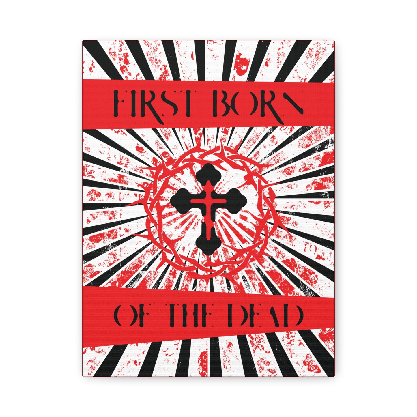 First Born of the Dead | Orthodox Cross and Crown of Thorns | Red White and Black Textured Design with Rays | Orthodox Christian Canvas Art
