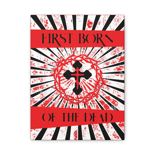 First Born of the Dead | Orthodox Cross and Crown of Thorns | Red White and Black Textured Design with Rays | Orthodox Christian Canvas Art