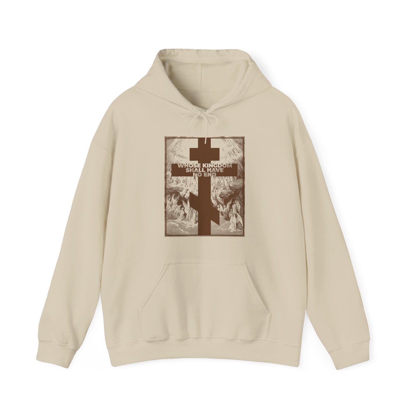 Sand-colored hoodie featuring a large Gustave Dore etching inspired by the Nicene Creed and Book of Revelation, with Orthodox Christian imagery on the front. Product name: Whose Kingdom Shall Have No End Hoodie.