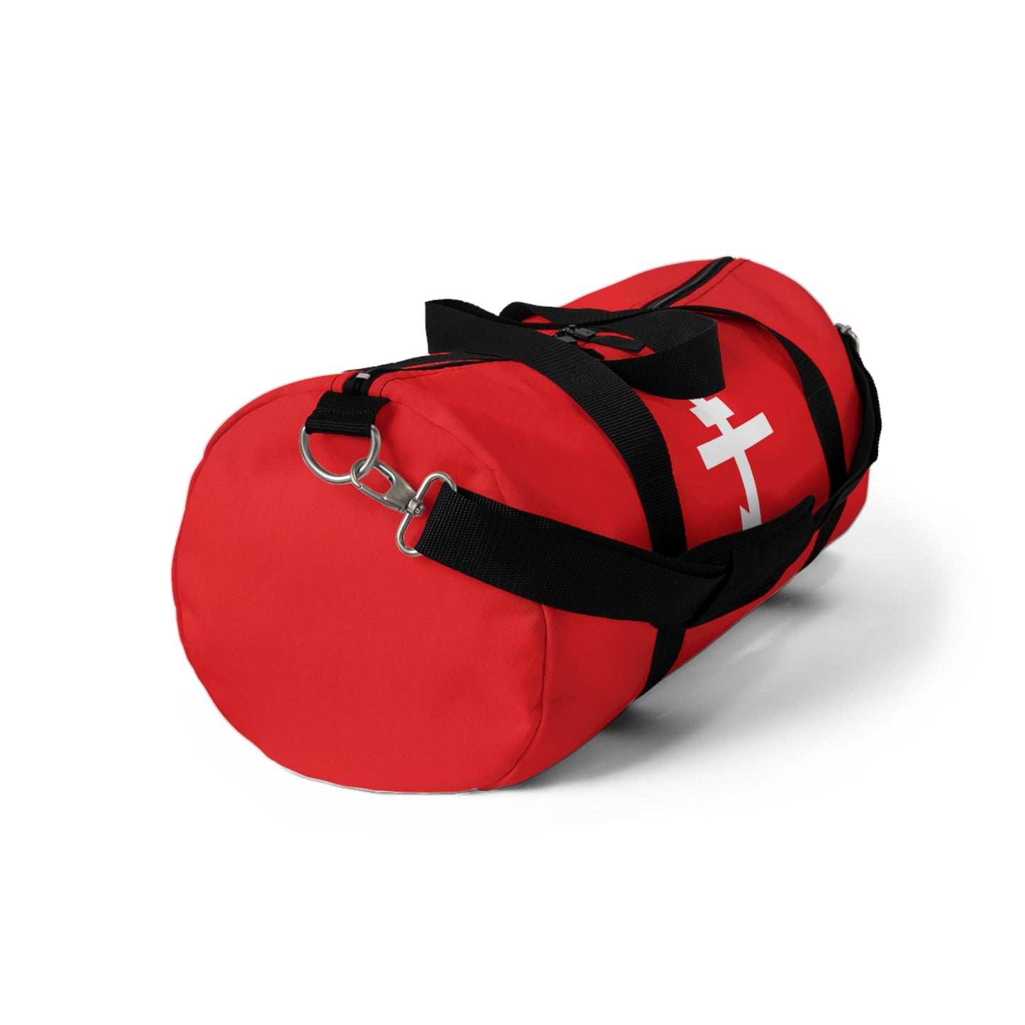 Red gym duffel bag with black straps features a white Orthodox cross on a red background and Galatians 6:14: "May I never boast, except in the cross of our Lord Jesus Christ." Orthodox Christian style. Placed on white background.