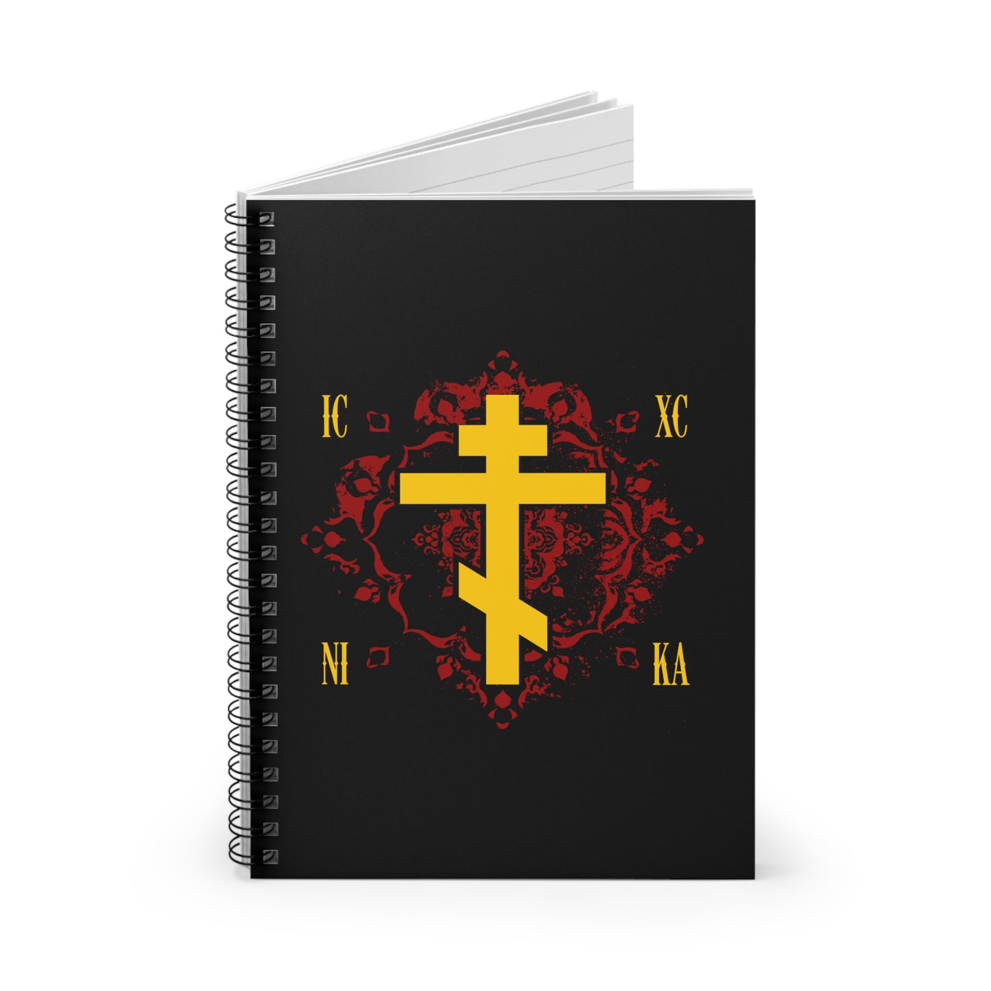 ICXC NIKA Yellow Russian Cross on Ornate Red Background Design Spiral Notebook features a Christian cross and “Jesus Christ Conquers” lettering, inspired by Orthodox tradition and St. Kosmas Aitolos.