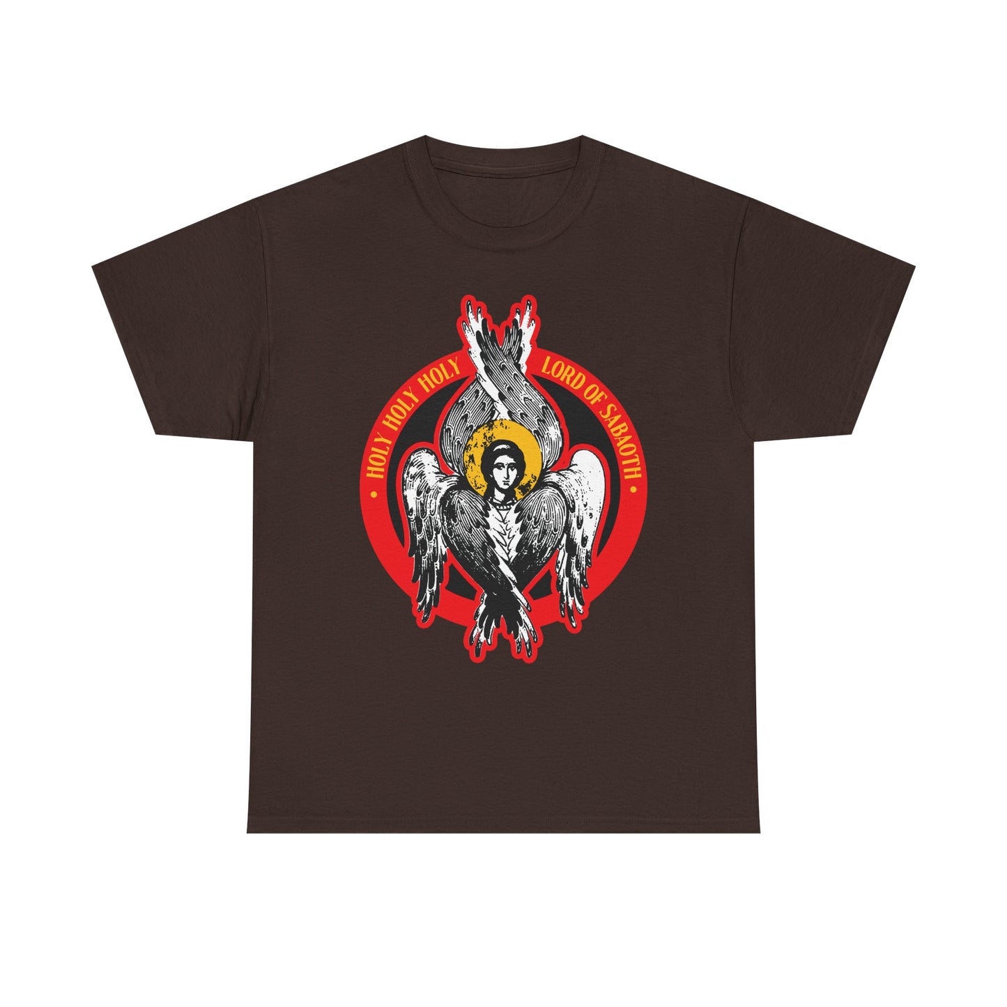 Dark Chocolate t-shirt with a seraphim angel, halo, flames, and "HOLY HOLY HOLY LORD OF SABAOTH" in bold red—echoing Isaiah 6's vision. Christian Heavy Cotton T-Shirt: Lord of Hosts | Unseen Realm | Seraphim IconoGraphic.