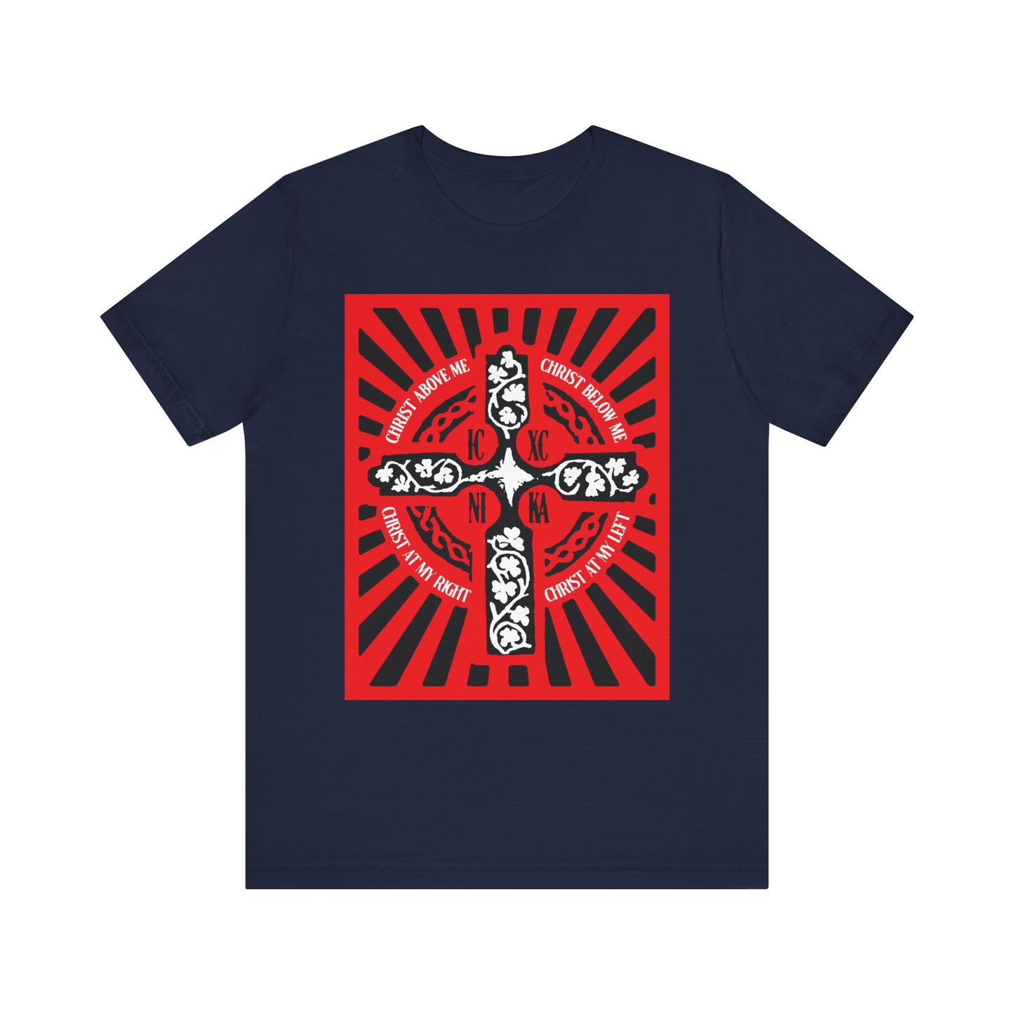 Navy "Red ICXC NIKA Enniskillen Celtic Cross" unisex tee featuring a red, white, and black cross graphic with radiant rays, inspired by the Lorica of St. Patrick and Shield Prayer, adorned with Orthodox Christian phrases and floral details.