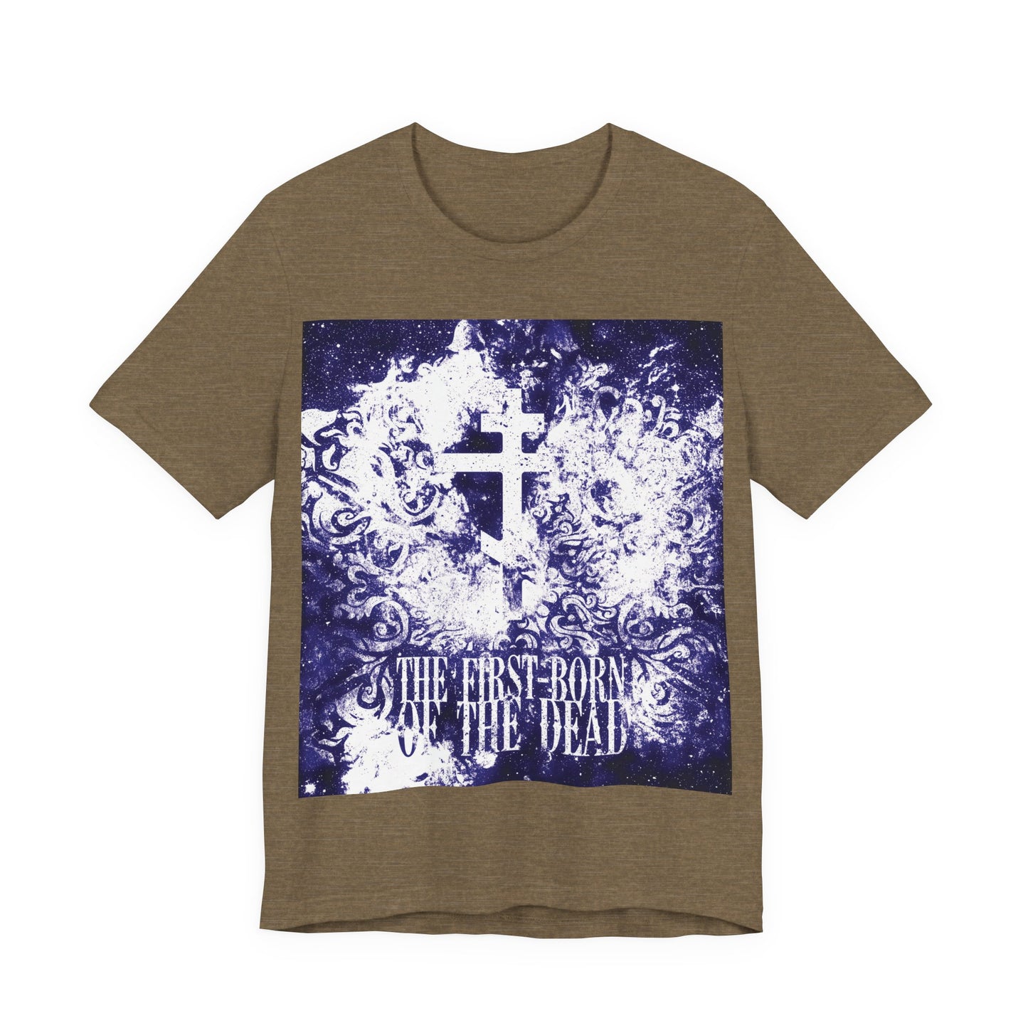 The First-Born of the Dead | Glowing White & Blue Textured Cosmic Orthodox Cross | Resurrection & Apocalypse | Christian Unisex Cotton Tee
