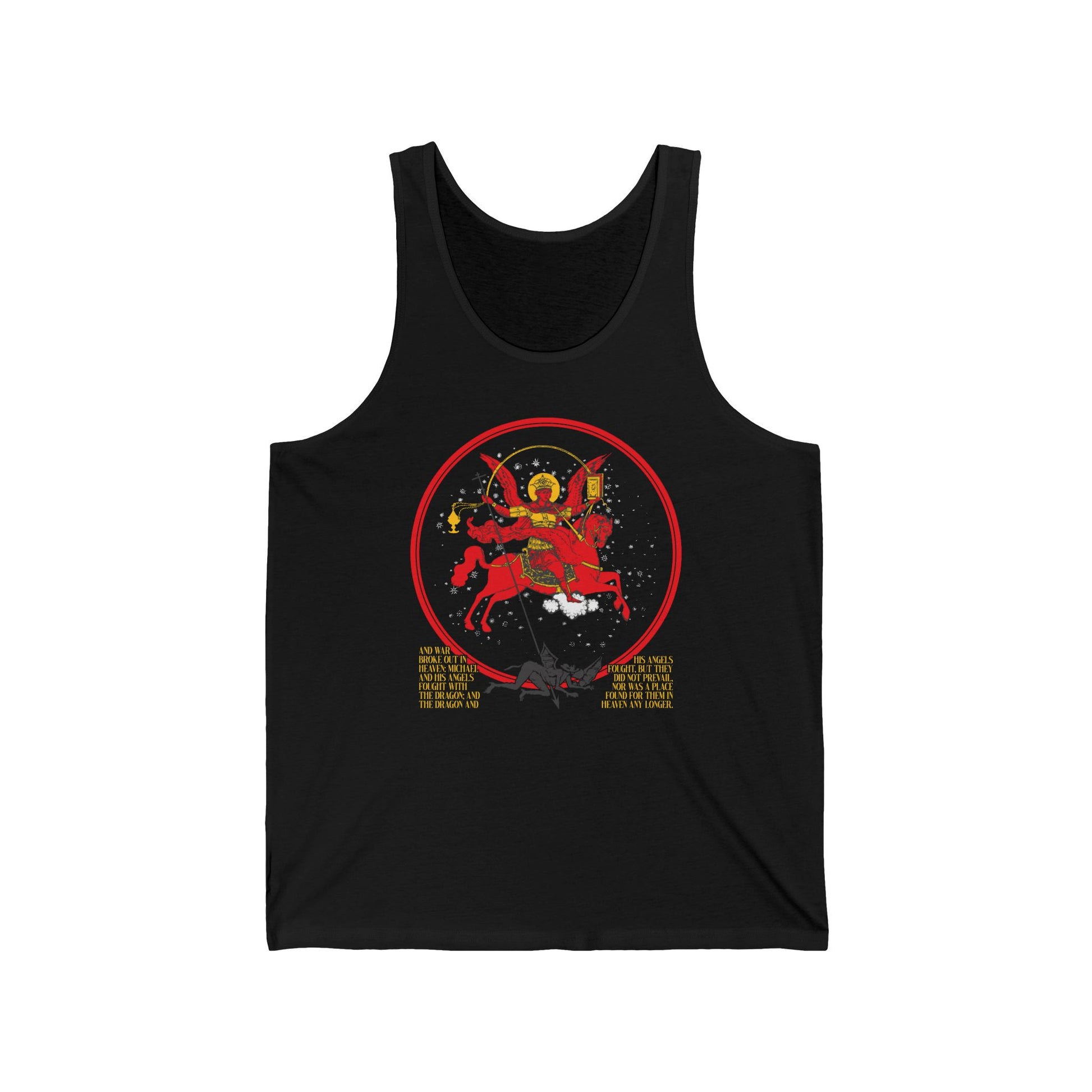 Black cotton tank top featuring the "Archangel Michael of the Apocalypse Icono-Graphic" design—War in Heaven (Rev 12:7-9), Satan Cast Out—inspired by Orthodox Christian tradition.