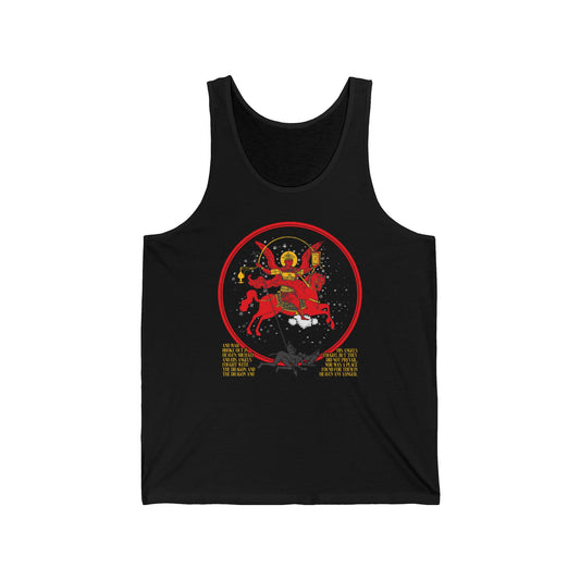 Black cotton tank top featuring the "Archangel Michael of the Apocalypse Icono-Graphic" design—War in Heaven (Rev 12:7-9), Satan Cast Out—inspired by Orthodox Christian tradition.