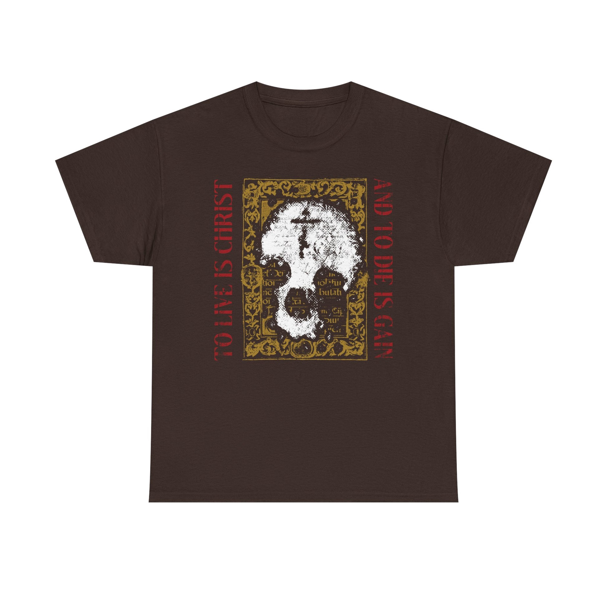 Dark chocolate "To Live is Christ, to Die is Gain" (Philippians 1:21) t-shirt features a skull with cross on gold manuscript texture—an Orthodox Christian design in heavy cotton.