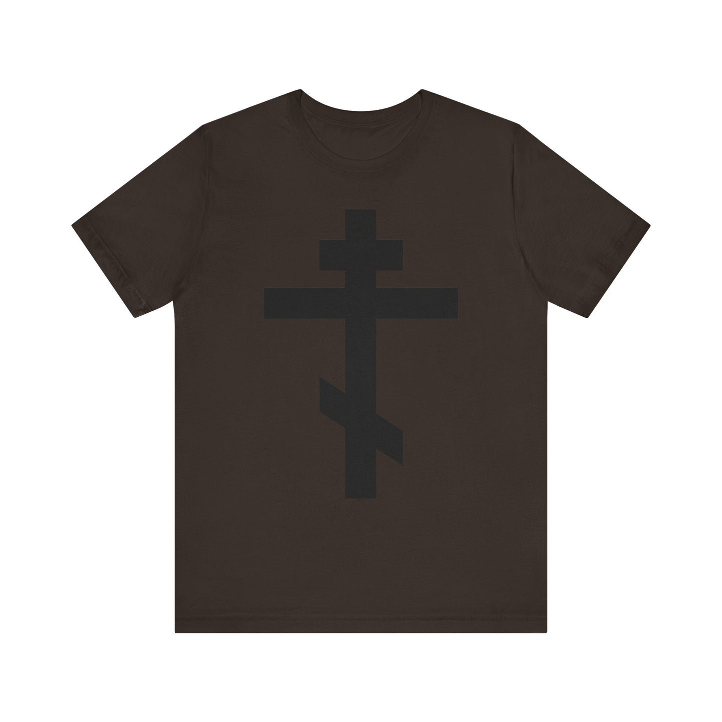 Brown unisex tee featuring a large Orthodox cross with the phrase "He bore our sins on the cross so that we might die to sin & live to righteousness," inspired by St John Chrysostom's Commentary on Galatians. Lightweight cotton.