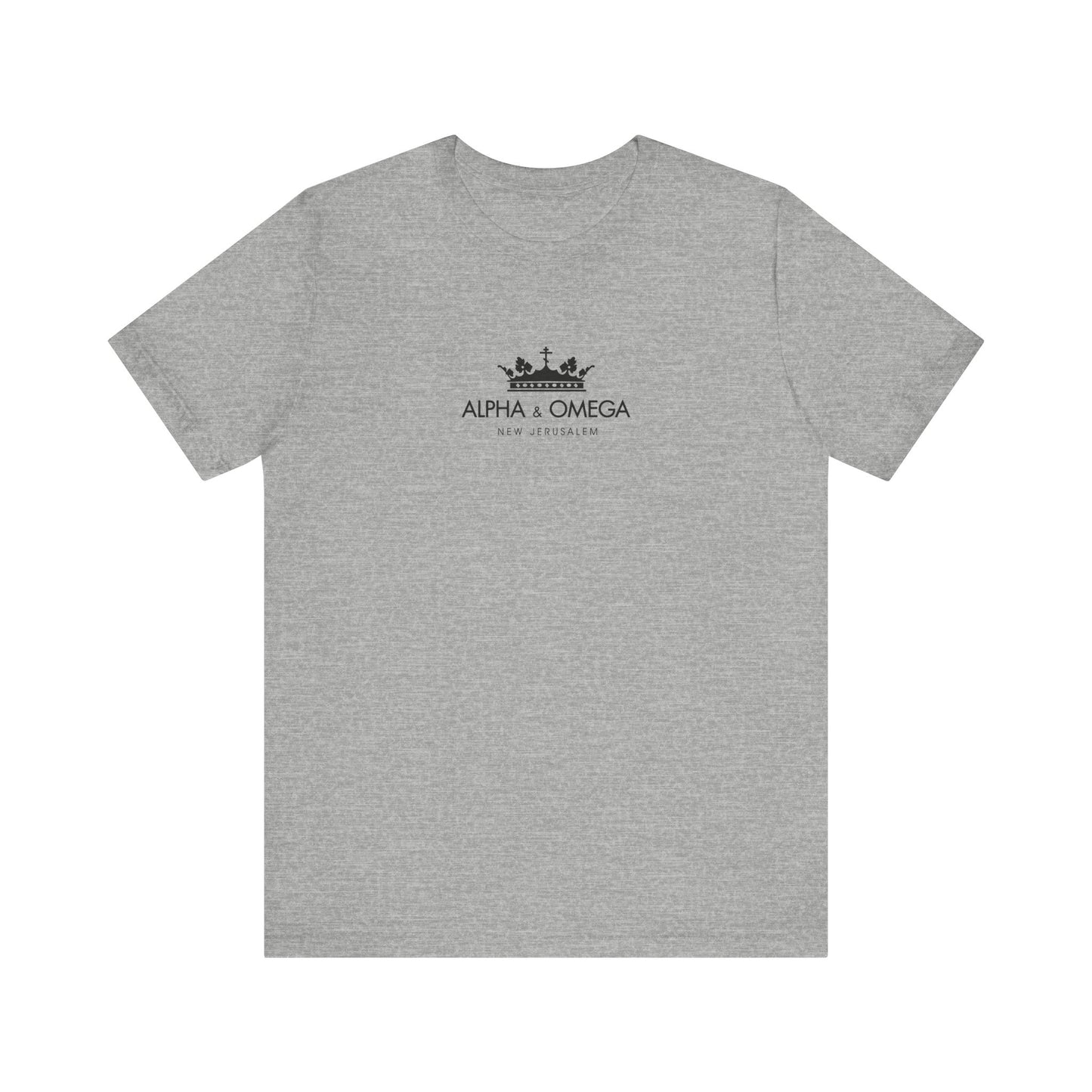 Athletic Heather unisex t-shirt with black crown and Orthodox cross graphic plus "ALPHA & OMEGA NEW JERUSALEM" on the chest, inspired by Revelation and the Second Coming. Lightweight cotton.
