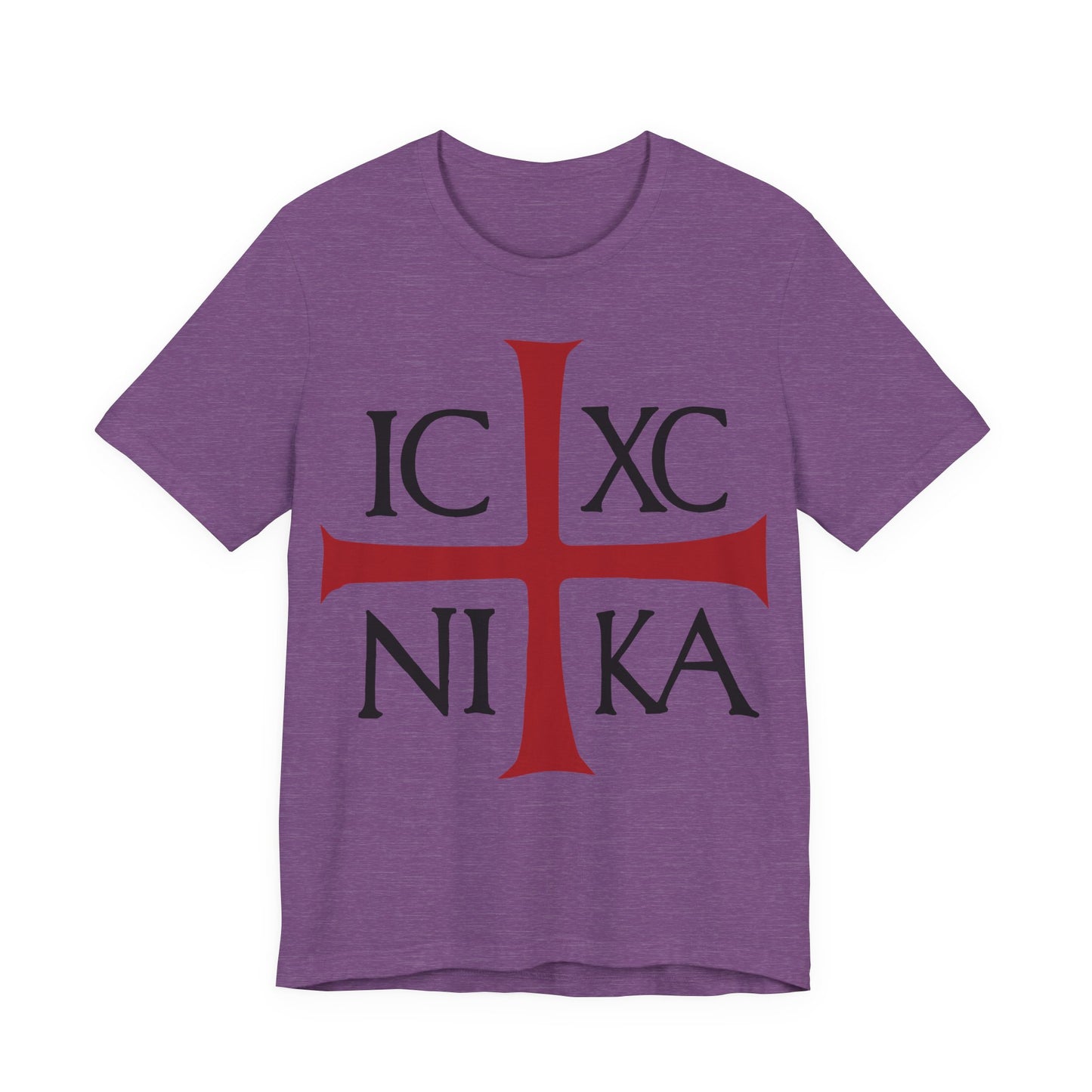 Heather Team Purple "ICXC NIKA Means Jesus Christ Conquers" cotton t-shirt with a large red cross and black Byzantine Christogram inspired by Philippians 2:9-11. Orthodox Christian design features IC XC NI KA on the front.