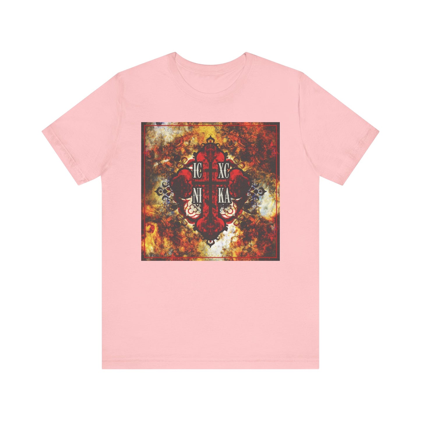 Sure! Here’s a rewritten version using your product data: Pink ICXC NIKA Bold Colorful Textured Red Orthodox Cross lightweight cotton unisex tee, featuring vibrant Greek letters and a fiery, textured background—an inspiring Christian design for keeping Jesus in your heart.