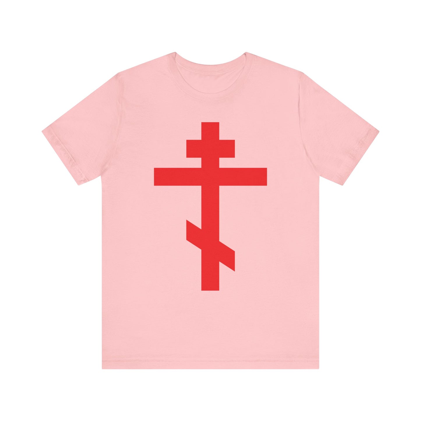 Pink lightweight cotton unisex t-shirt featuring a bold red Orthodox Cross on the front, with “Preserve Thy People By Thy Cross, O Lord” and “Crucified With Christ | Christ is King” design.