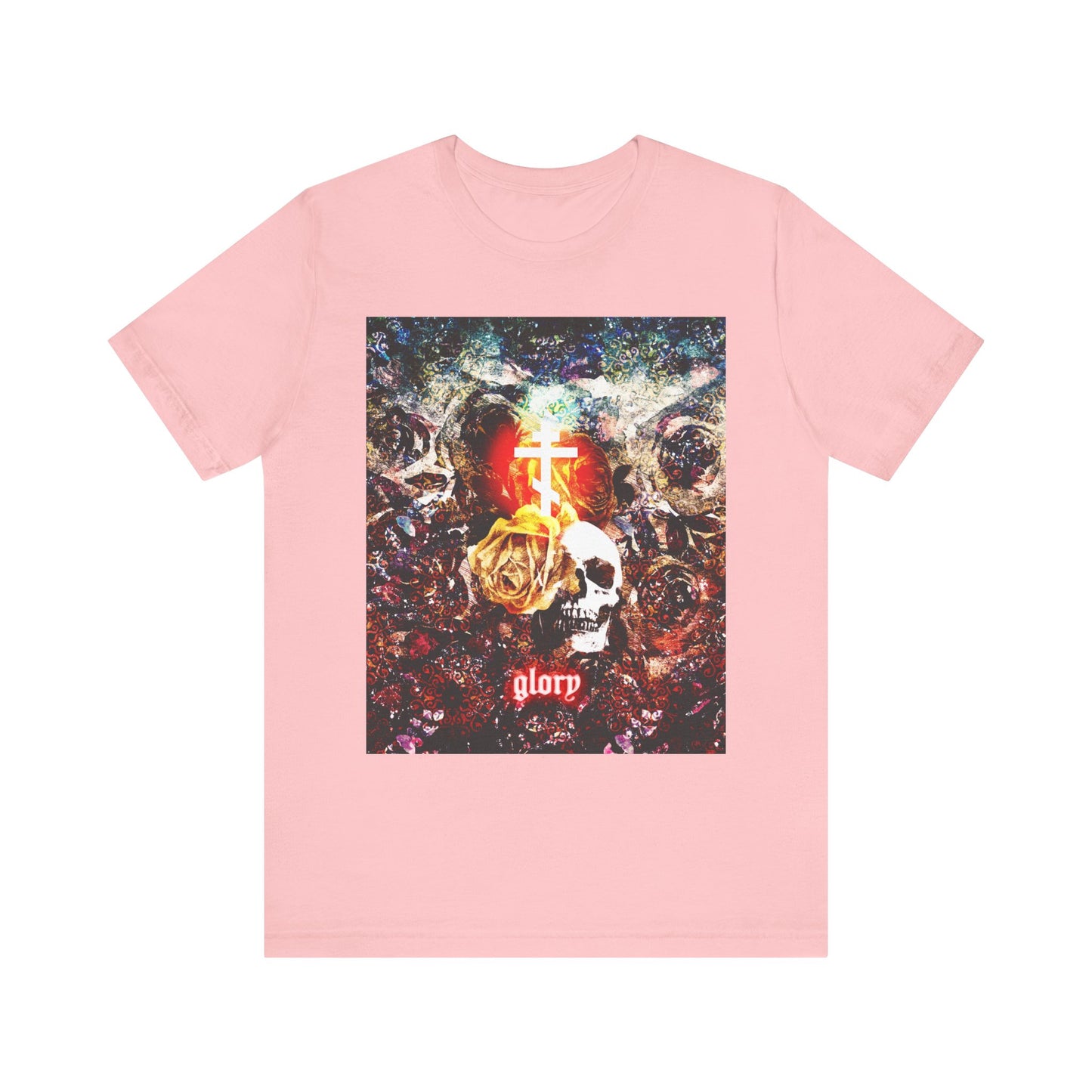 A pink lightweight cotton unisex tee featuring the “Now the Son of Man is Glorified (John 13:31)” design, with a skull, golden rose, and glowing cross on a vibrant background inspired by Orthodox Christian themes and the moment of Jesus’ betrayal; “glorp” printed below.