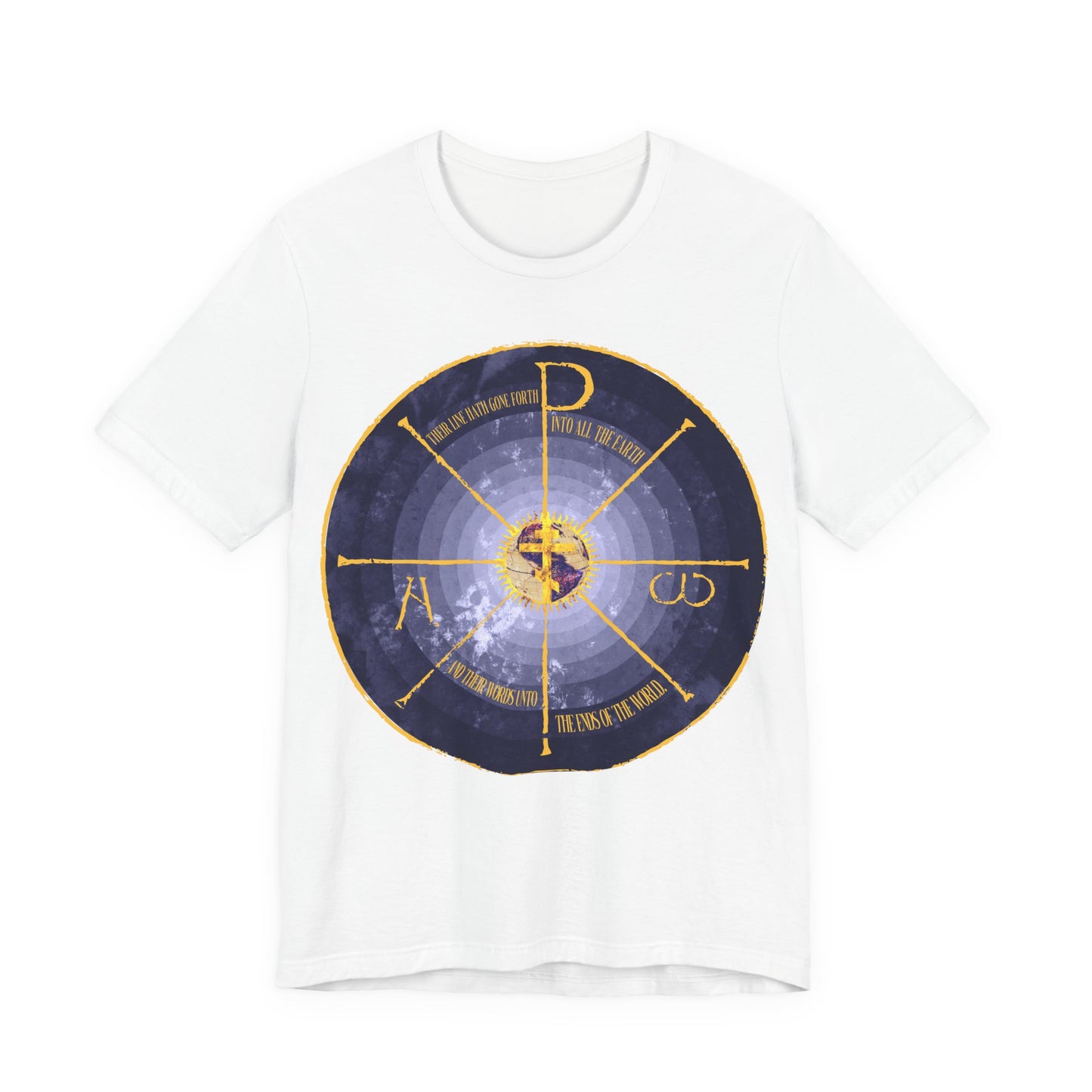 Geocentric Cross & Chi Rho | Alpha & Omega | Blue and Yellow Design | Medieval Style Graphic | Orthodox Christian Cotton T-Shirt