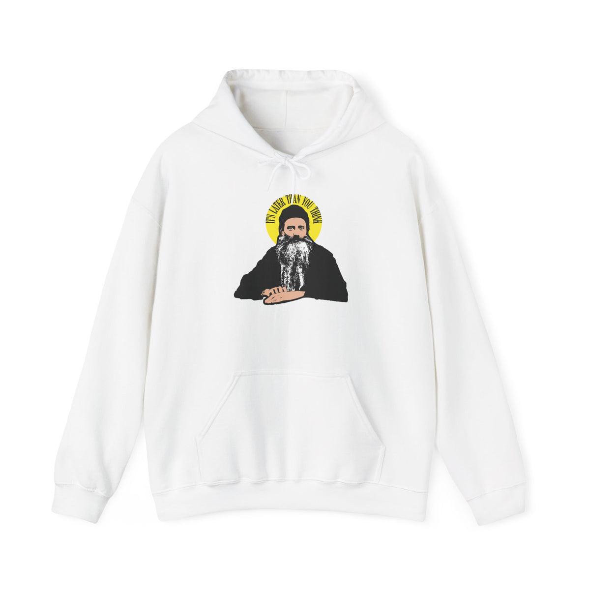 White “It’s Later Than You Think” hoodie featuring a graphic of St Theodore the Studite—a bearded man with a yellow halo and black text above his head.