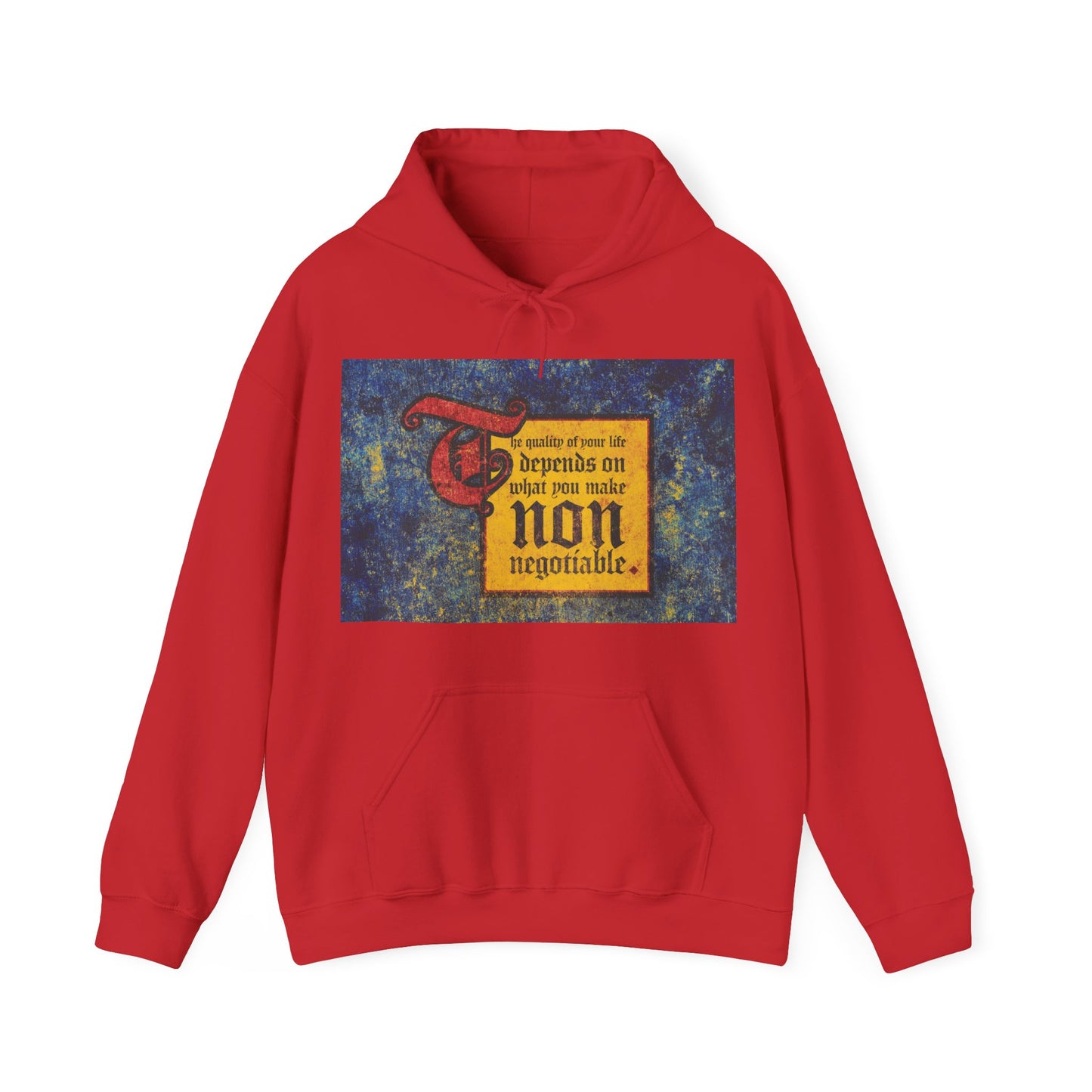 Red “The Quality of Your Life Depends on What You Make Non-Negotiable” Orthodox Christian hoodie featuring a motivational medieval-style graphic.