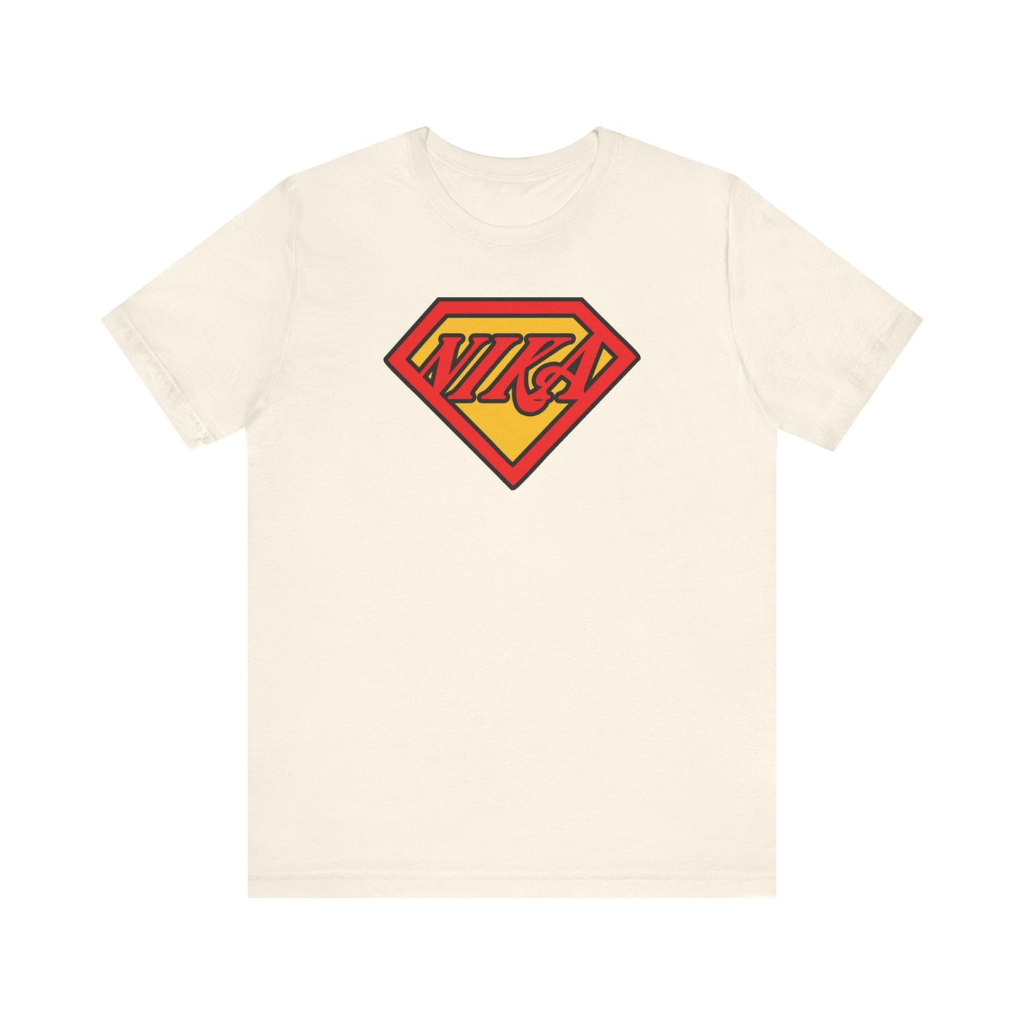 Natural-colored unisex lightweight cotton tee featuring the NIKA Superm@n logo—a comic book pop culture Christian mashup inspired by St John of Kronstadt and the courage to conquer passions through faith.