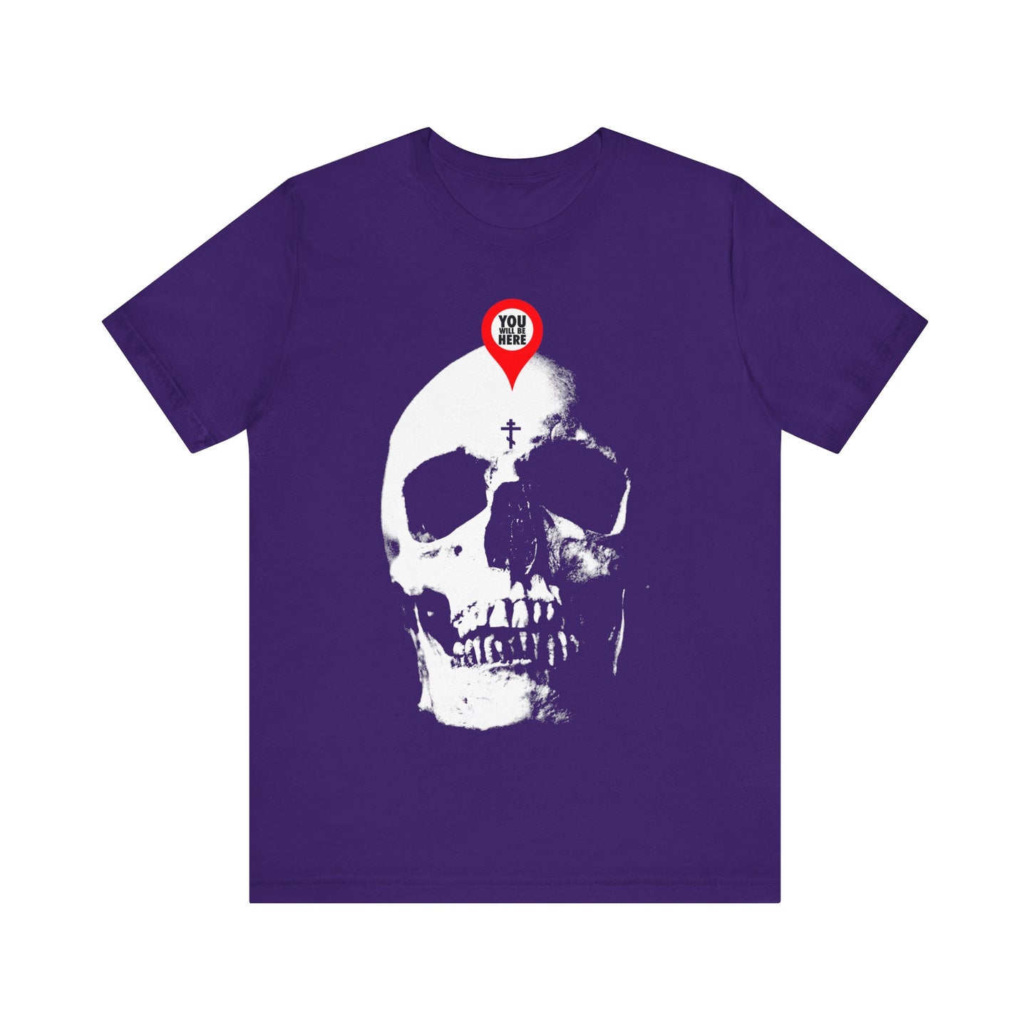 The "You Will Be Here" Orthodox Christian t-shirt features a purple design with a large white skull and red map marker, inspired by St Ignatius Brianchaninov and the Memento Mori theme: What You Are I Once Was—Remember You Will Die.