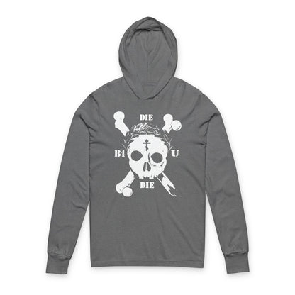 Grey TriBlend hooded shirt featuring a retro skull & crossbones, Orthodox cross, laurel victory wreath, and Memento Mori design with "Die Before You Die," inspired by Matthew 16:24-25 and ascetic Christian tradition.