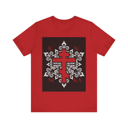 ICXC / NIKA Red Orthodox Cross on Ornate White Medieval Floral Design | Exclusive Best-Selling Orthodox Christian T-Shirt