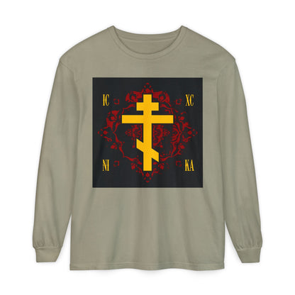 Sandstone long-sleeve shirt featuring a yellow Russian ICXC NIKA cross on an ornate red background—Orthodox Christian design honoring Jesus Christ Conquers.