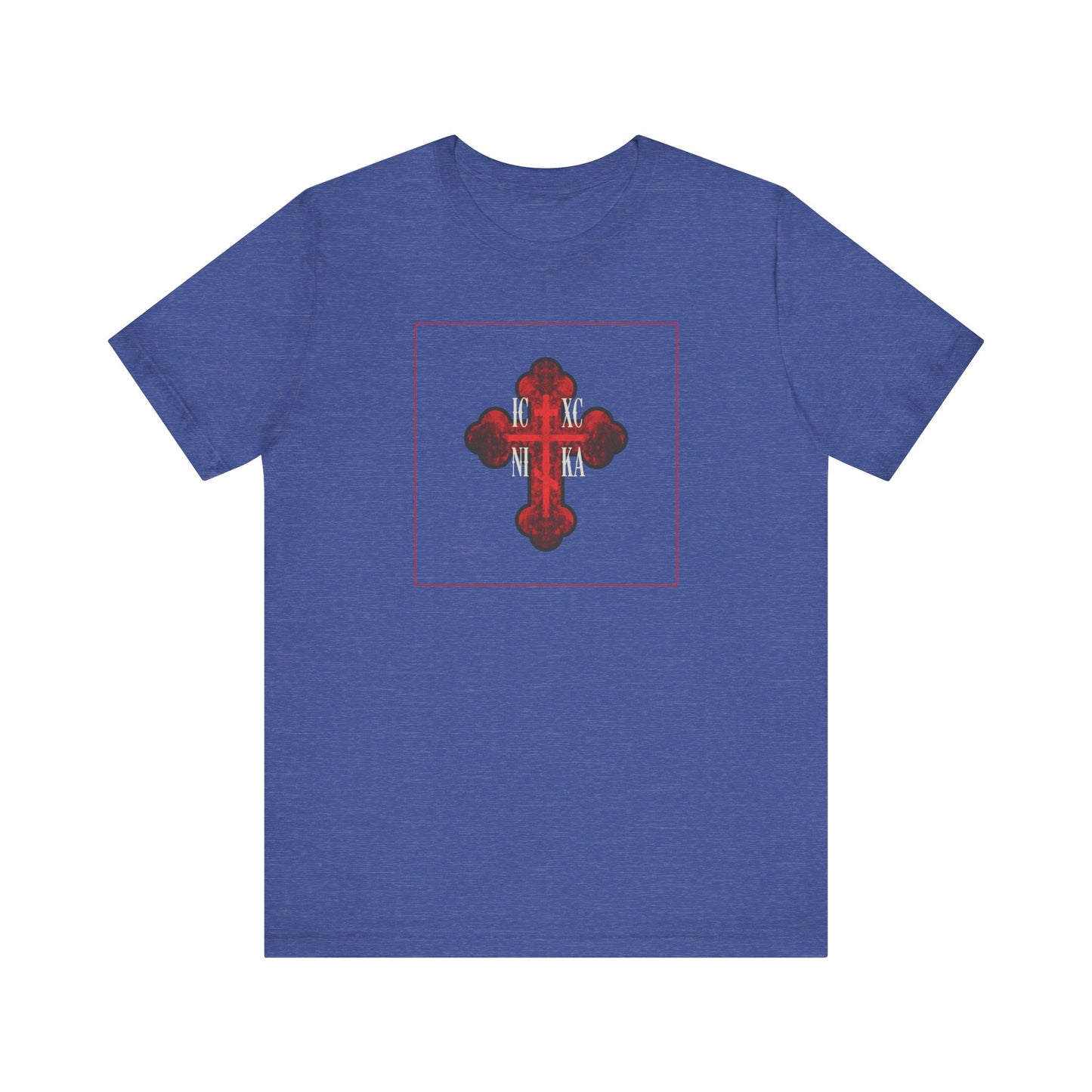 Heather True Royal tee featuring a red glowing ornate Orthodox Cross with white Greek letters "ICXC NIKA" at the center. Lightweight cotton, unisex fit—celebrate the symbol of salvation in style.