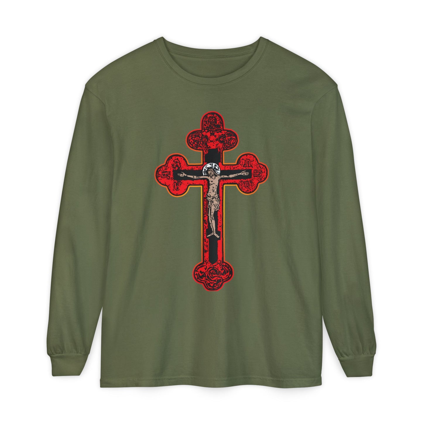 Hemp-colored long sleeve cotton shirt featuring a bold red Orthodox crucifix and Byzantine Golgotha Cross with Alpha & Omega, inspired by "I Am Crucified With Christ.