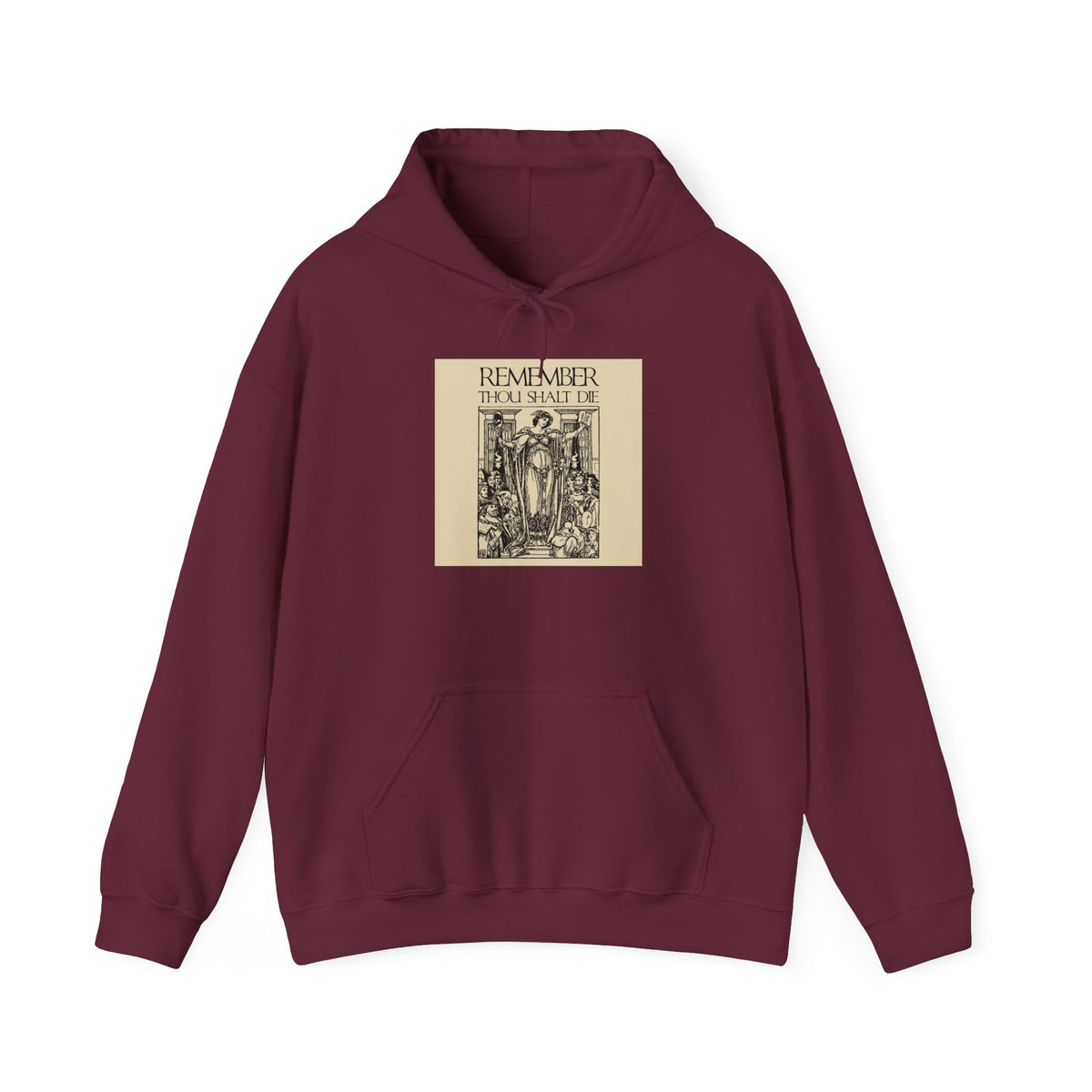 Maroon hoodie featuring a classic woodcut illustration with the “Remember You Will Die” Shakespearean design and memento mori theme, inspired by Orthodox Christian tradition.