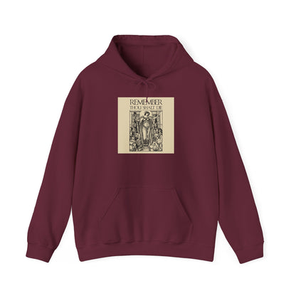 Maroon hoodie featuring a classic woodcut illustration with the “Remember You Will Die” Shakespearean design and memento mori theme, inspired by Orthodox Christian tradition.