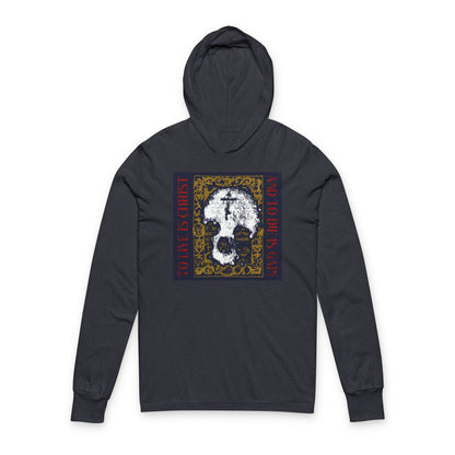 To Live is Christ, to Die is Gain (Philippians 1:21) | Skull with Cross on Gold Manuscript Texture | Orthodox Long Sleeve Hooded Shirt