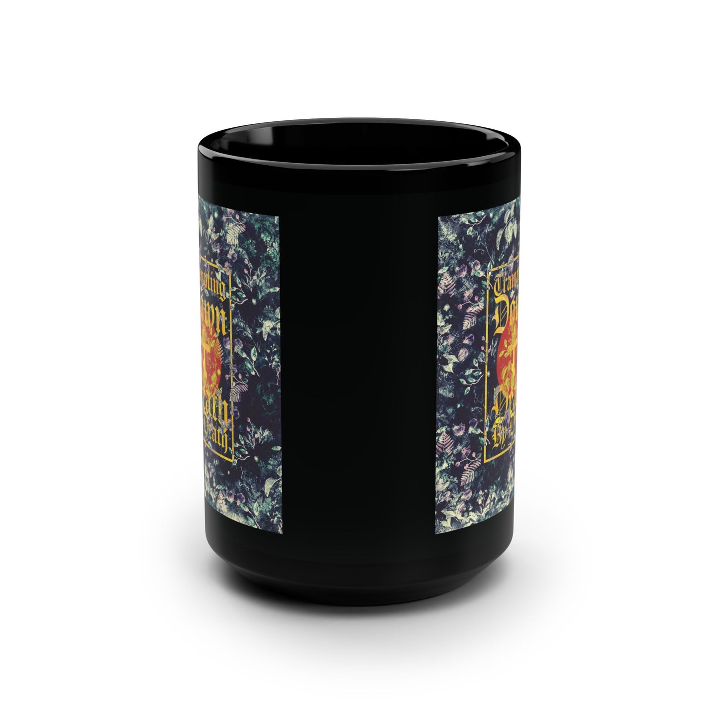 Trampling Down Death By Death | Paschal Floral Design with Gothic Script and Three-Bar Cross | Orthodox Christian Black Mug