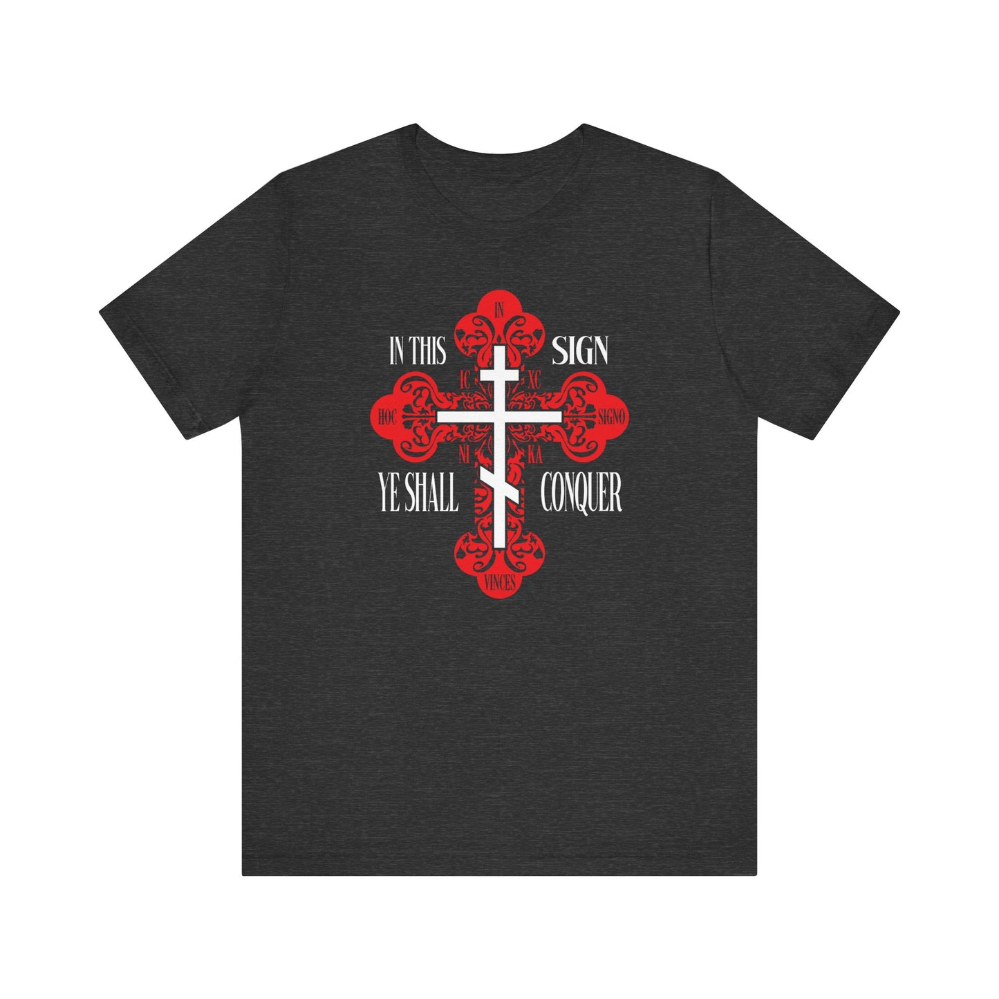 Lightweight cotton unisex tee with a red ornate Orthodox cross, "ICXC NIKA," and text: In This Sign Ye Shall Conquer—Christ Conquers. Inspired by Orthodox prayer and devotion.