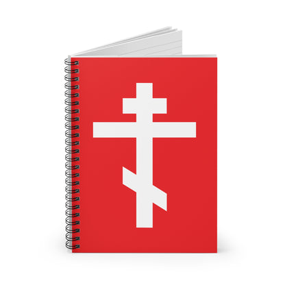 Red spiral notebook with a white Orthodox cross on the cover, featuring Galatians 6:14: "May I never boast, except in the cross of our Lord Jesus Christ.
