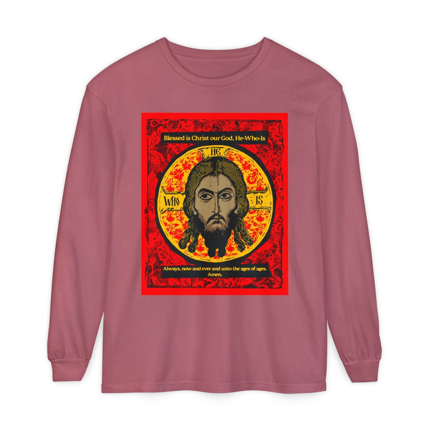 The Remembrance of Death "Made Without Hands" long-sleeve shirt in mauve features a red, black, and yellow icon of Jesus Christ with "Blessed is Christ God, He-Who-Is above," inspired by Troparion Tone 2, plus a decorative border.