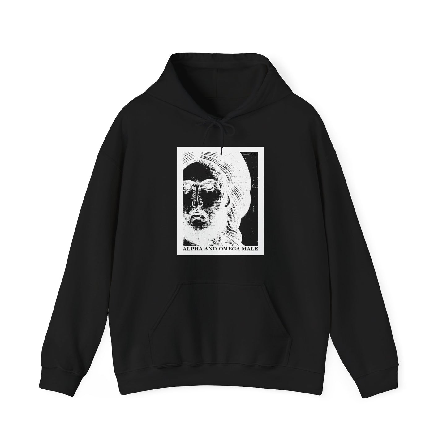Black Alpha & Omega Male hoodie featuring a photonegative Jesus Christ icon and "I am the Beginning & the End (Rev 22)" text—an Orthodox Christian cotton/poly blend for a bold, faith-inspired look.