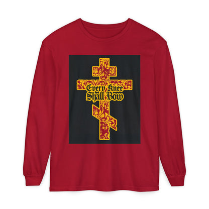 Red long sleeve with gold and red floral Orthodox cross and “Every Knee Shall Bow” in gothic lettering on front, inspired by Isaiah 45:22-24 and Phil 2:7-11; celebrates the righteousness found in Jesus Christ.