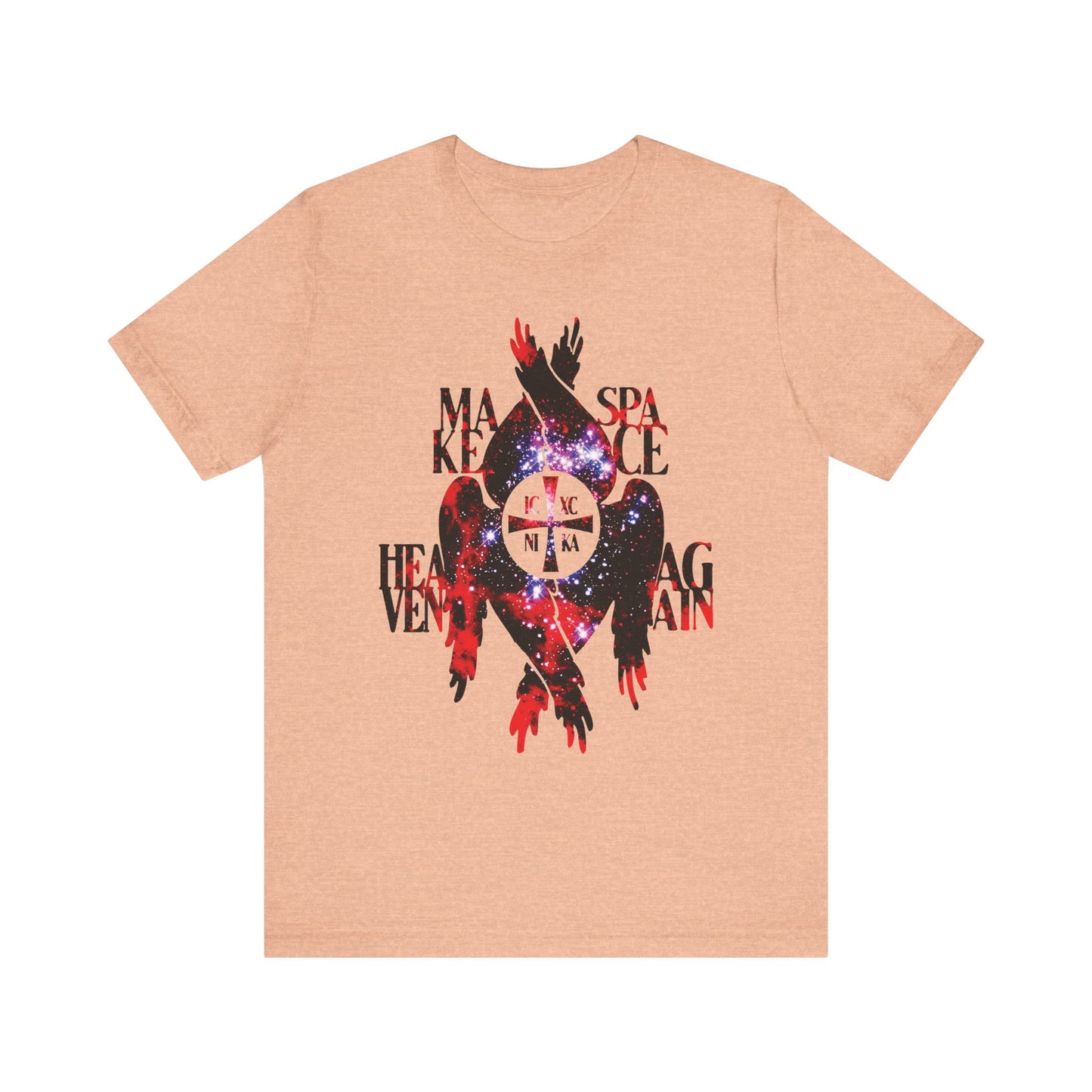 Heather peach unisex lightweight cotton t-shirt featuring a cosmic, textured ICXC NIKA cross with seraphim wings, inspired by Orthodox Christian iconography. Overlapping text reads "MAKE SPACE HEAVEN AGAIN," incorporating angelic themes and celestial creation.