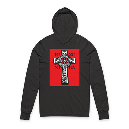 Charcoal Black TriBlend hoodie featuring a bold ICXC NIKA Celtic Knotwork Cross in black and white on a red background, with "Jesus Christ Conquers" Greek letters—traditional Orthodox Christian design.