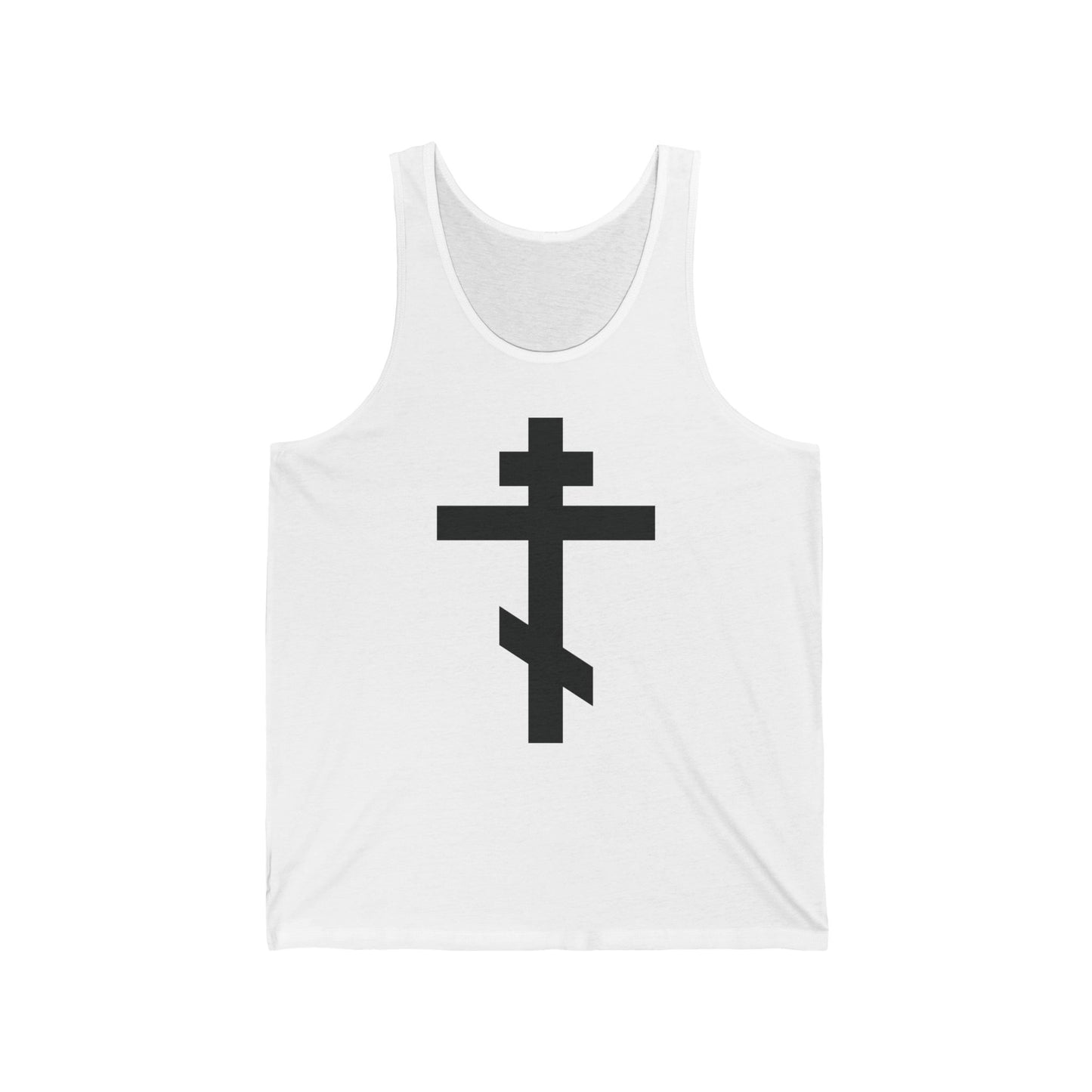 White tank top with a bold black Orthodox cross and "May I never boast, except in the cross of our Lord Jesus Christ" (Gal 6:14), inspired by St. John Chrysostom.