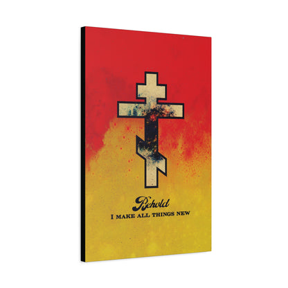 Behold, I Make All Things New (Revelation 21:5) | Cosmic Orthodox Cross on Red and Yellow Background | Orthodox Christian Canvas Art