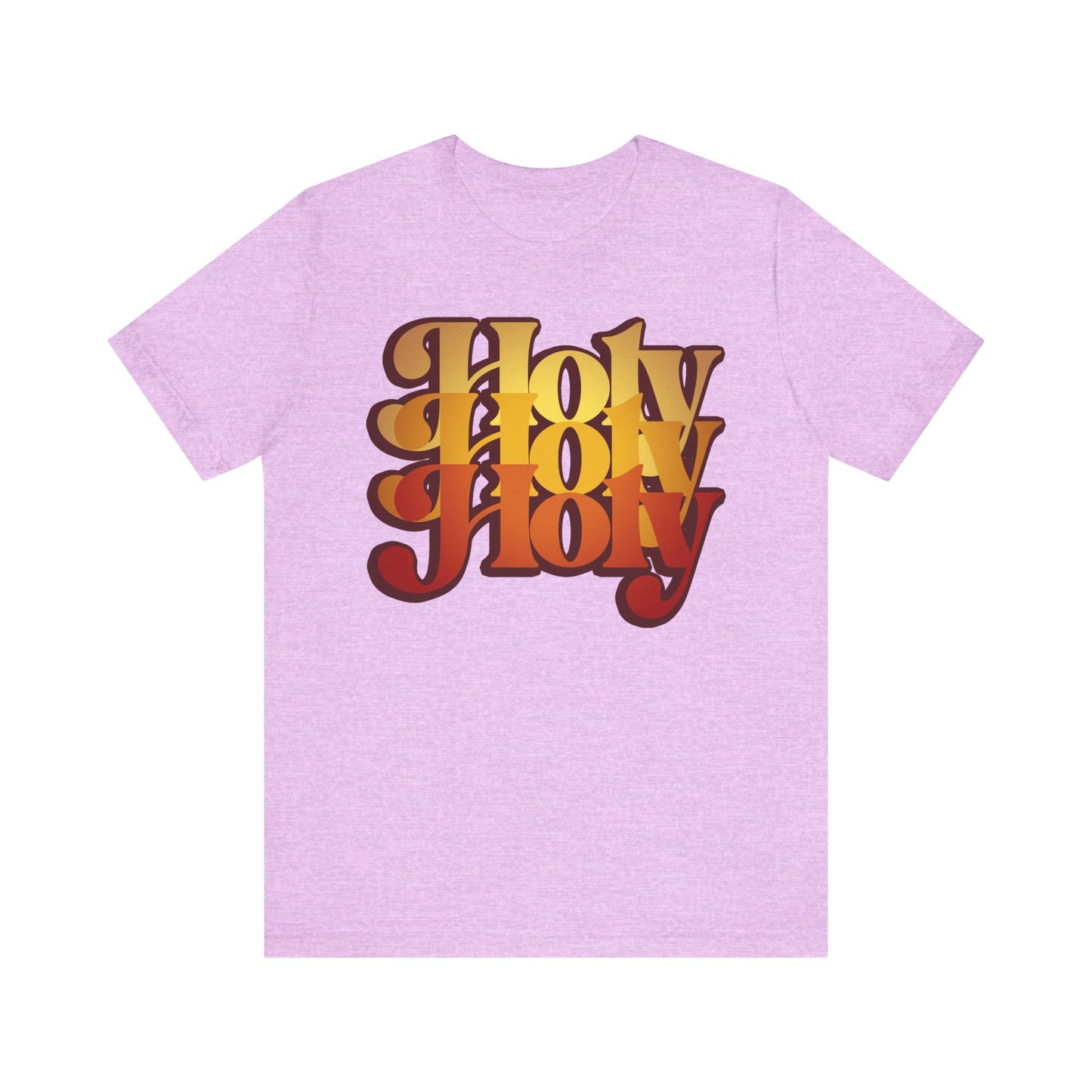 Heather Prism Lilac tee featuring "Holy Holy Holy" in bold, retro 70s style lettering inspired by Isaiah 6. Lightweight cotton unisex shirt highlights the Trisagion liturgical prayer with Cherubim & Seraphim theme.