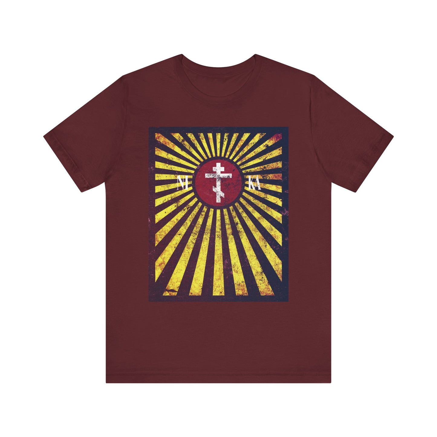 NIKA Red Rising Sun Cross with Golden Rays Orthodox Christian Lightweight Cotton Unisex T-Shirt in maroon, featuring a distressed textured flag design with a symbolic cross, radiant golden rays, and stylized lettering on a yellow and red background inspired by the teachings of St Paisios of Mount Athos.