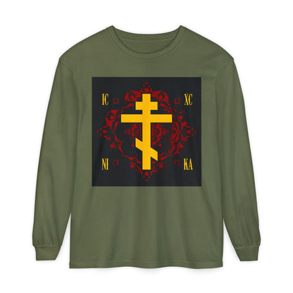 Hemp-colored long-sleeve shirt featuring the ICXC NIKA Yellow Russian Cross on an ornate red background—Jesus Christ Conquers—an Orthodox Christian design.