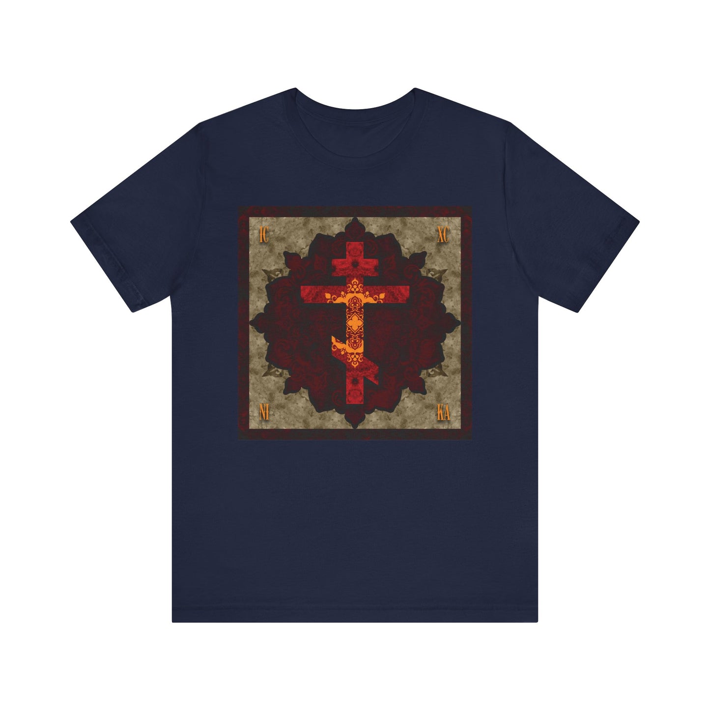 Sure! Here’s your rewritten sentence using the provided product data: Navy ICXC NIKA Artistic Textured Red & Gold Russian Cross Orthodox Christian Lightweight Cotton Unisex T-Shirt, featuring a large ornate cross design in red and gold framed in a square on the front, inspired by St. John of Shanghai and San Francisco’s legacy of humility and Christian virtues.