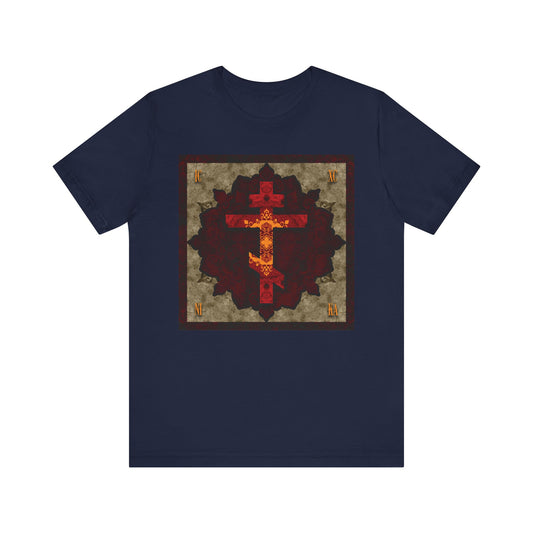 Sure! Here’s your rewritten sentence using the provided product data: Navy ICXC NIKA Artistic Textured Red & Gold Russian Cross Orthodox Christian Lightweight Cotton Unisex T-Shirt, featuring a large ornate cross design in red and gold framed in a square on the front, inspired by St. John of Shanghai and San Francisco’s legacy of humility and Christian virtues.