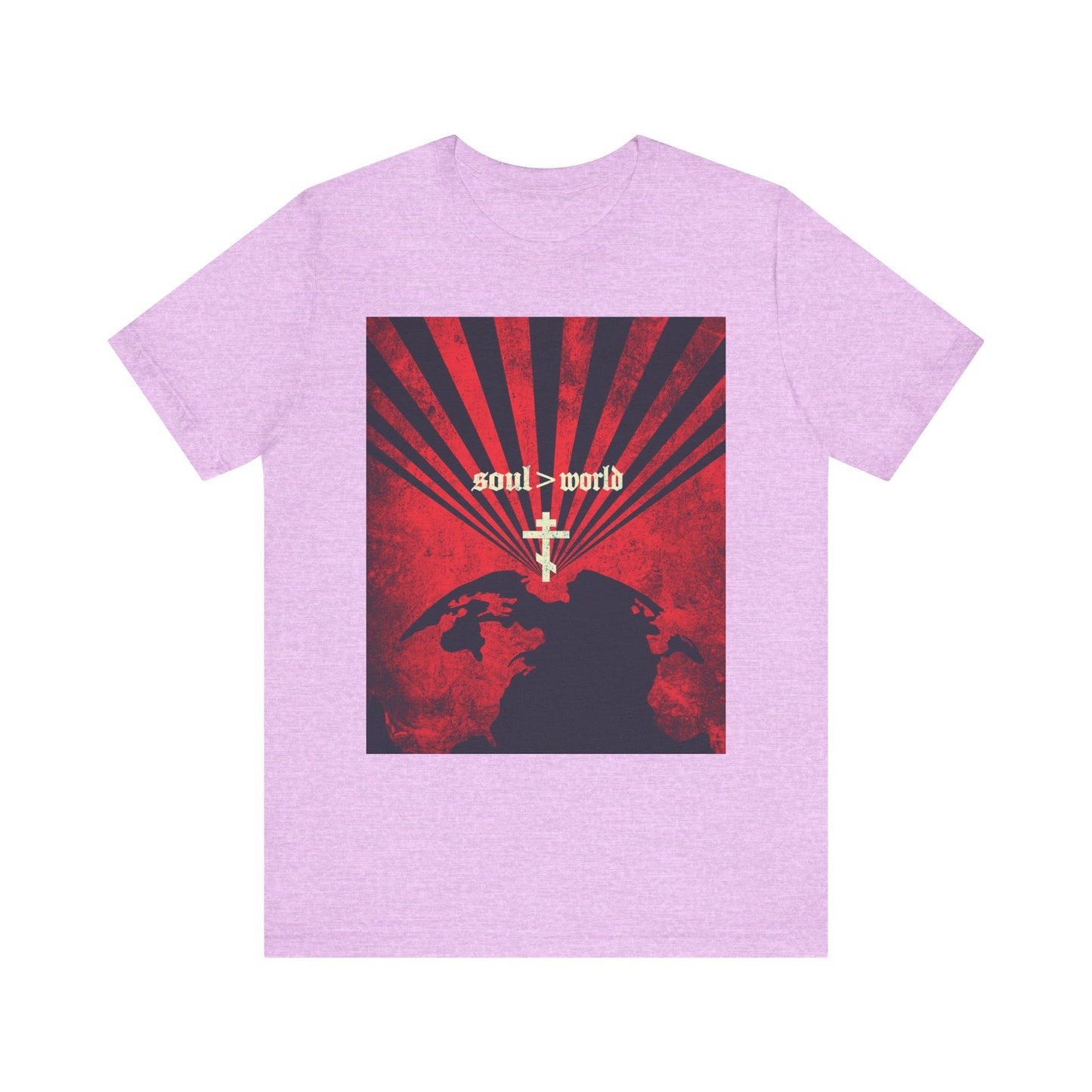 Heather Prism Lilac lightweight cotton unisex tee featuring the "What Shall it Profit a Man" red earth design with a white cross and bold "Soul > World" graphic—drawing inspiration from Jesus' words in Matthew 16:26 about choosing the eternal value of your soul over worldly gain.