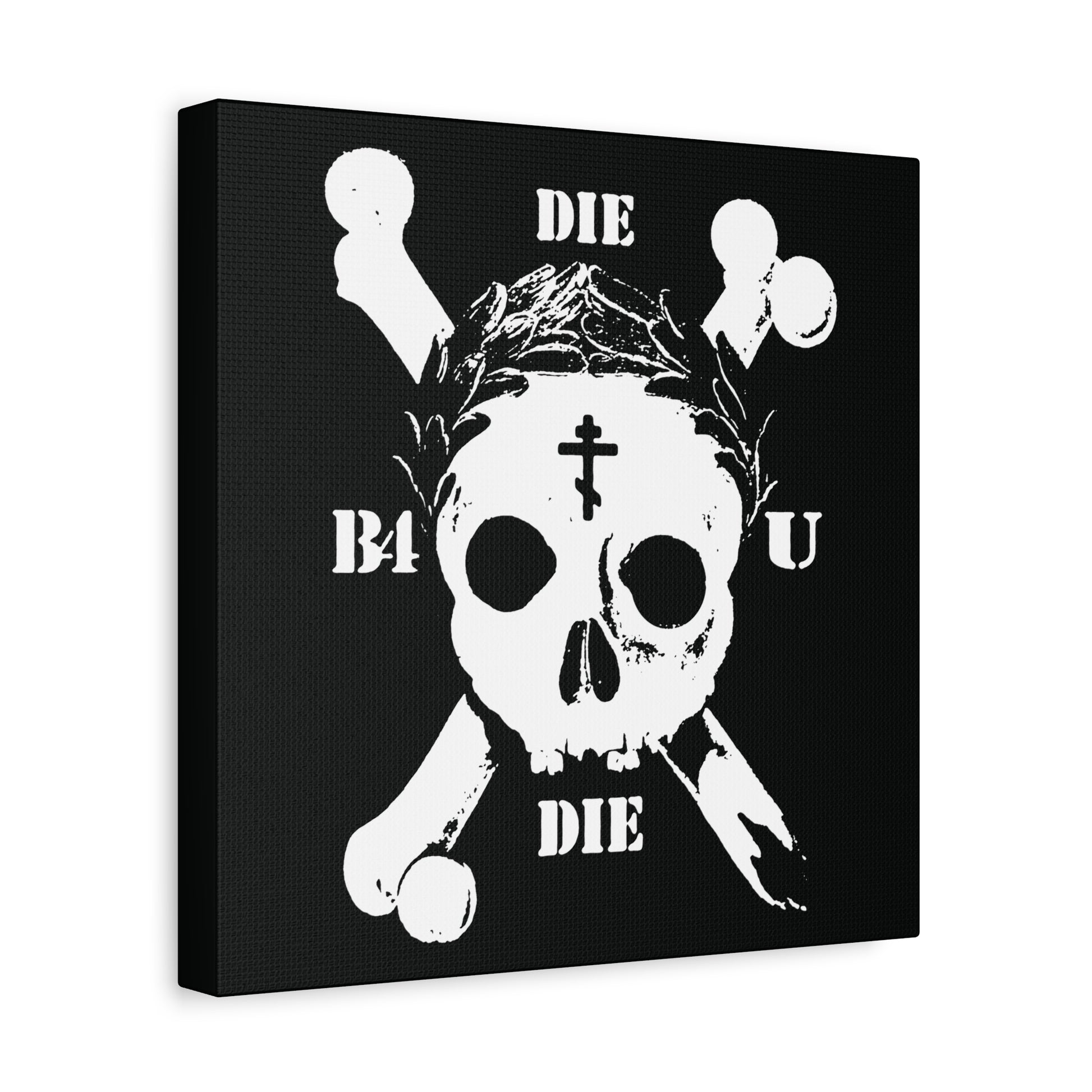 The "Die Before You Die" wall art features a retro skull & crossbones with an Orthodox cross and laurel victory wreath, inspired by Matthew 16:24-25, set on a black background. Perfect for ascetic Christian décor.